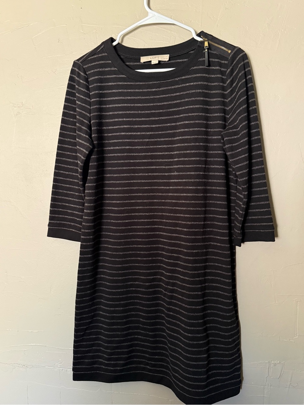 LOFT Black Dress with Thin Gray Stripes and Shoulder Zip